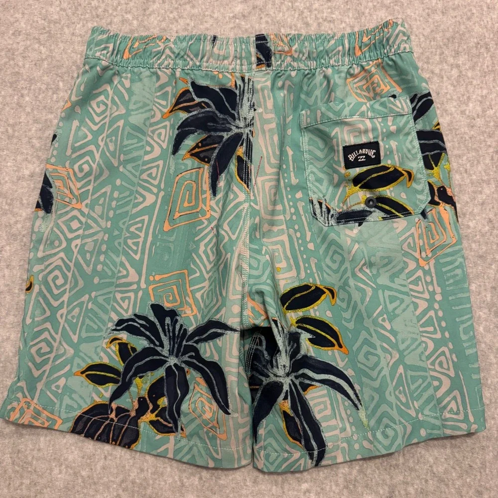 Billabong Boys Teal Tropical Floral Recycler Sundays Layback Board Shorts Size L